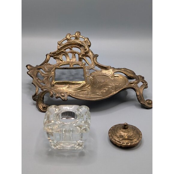 Vintage Brass Ornate Floral Inkwell with Glass Bottle & Lid - Picture 2 of 13